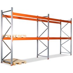Palletstelling 2 vakken. H3000 x L5660 mm / 1500 kg. Elektrolytisch verzinkt + RAL2004 - Compleet set