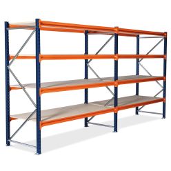 Magazijn stellingen 2 vakken. H2000 x L3800 x D800 mm. Met legborden van spaanplaat. RAL5003 Sapphire blue + RAL2004 Pure orange - Grootvakstelling
