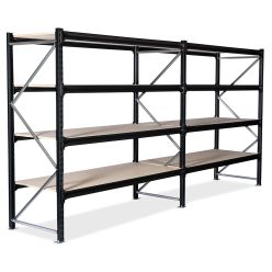 Magazijn stellingen 2 vakken. H2000 x L3800 x D800 mm. Met legborden van spaanplaat. RAL9005 Jet black - Magazijnstellingen