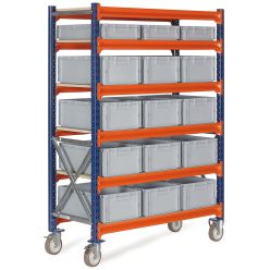 Magazijn stellingen op wielen met 1/4 palletboxen - 3 x 476412 + 12 x 476422 - Magazijn stellingen op Wielen
