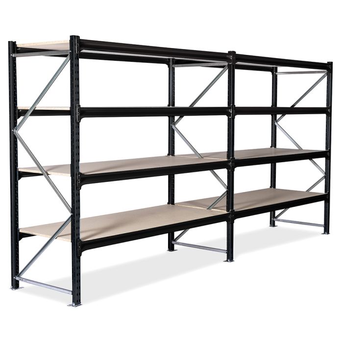 Magazijn stellingen 2 vakken. H2000 x L3800 x D800 mm. Met legborden van spaanplaat. RAL9005 Jet black - 